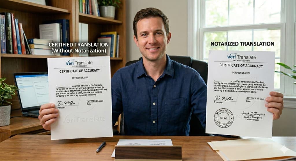 Side-by-side comparison of Certified Translation certificate (without notarization) and Notarized Translation certificate (with notary seal)