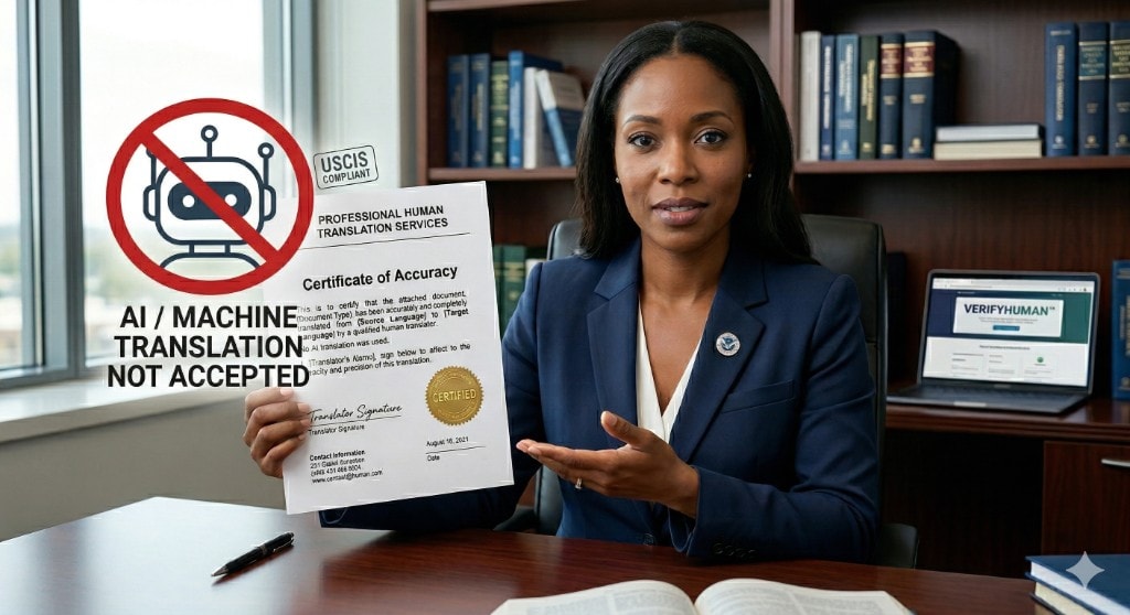 USCIS-compliant Certificate of Accuracy - AI and machine translation not accepted, professional human translation required